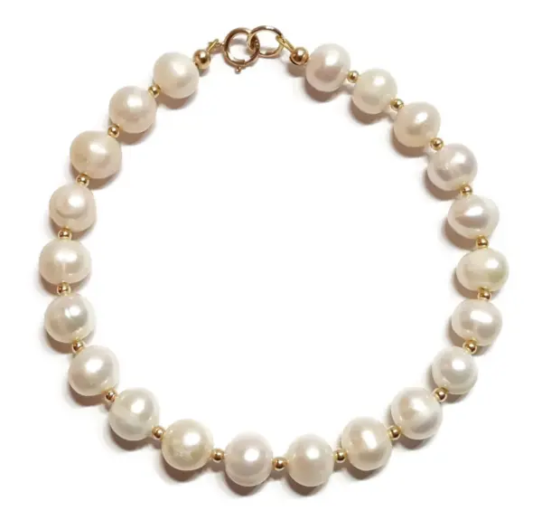 9ct Gold Pearl Bracelet, Genuine White Freshwater Pearls and 9ct Gold Beads