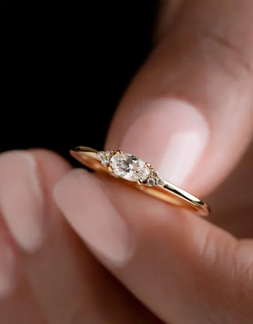 Minimal Oval Cut ring - Teal Blue stone or Clear CZ Stone