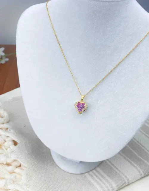 Stunning Purple Heart Necklace - Gold-Plated Elegance with Sparkling Crystals 3pcs