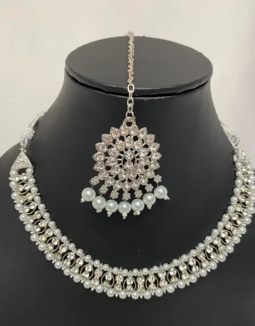 Asian Necklace set earrings tikka, Indian bridal SILVER colour with zhumki 2pcs