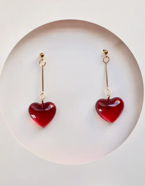 Red heart earring, handmade, drop earring, simple, cute, valentine earrings, valentine gift, birthday gift, mother's day, sweetheart, gold