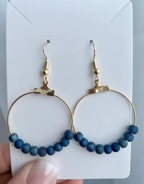 Round Gold Hoop Earrings with Twilight Blue Glitter Glass Beads / 30mm Hypoallergenic Nickel-Free Earrings / Blue Beaded Gold Hoop Earring