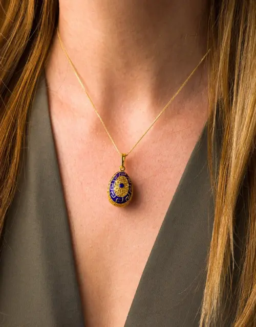 Meander Filigree Egg Pendant Necklace with Enamel in Sterling Silver Gold Plated, Faberge egg pendant, Greek jewelry, Easter Gift