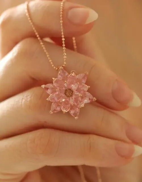 Pink Quartz Necklace - Beautiful Valentine’s Day Jewelry Gift for Women - Elegant Lotus Pendant with Romantic Touch